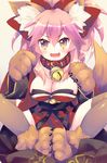  :d animal_ears bangs bell bell_collar blush breasts brown_legwear cleavage collar commentary ech eyebrows_visible_through_hair fang fate/grand_order fate_(series) fox_ears fox_girl fox_tail hair_between_eyes indian_style japanese_clothes jingle_bell kimono kimono_skirt large_breasts long_hair looking_at_viewer obi open_mouth paw_pose paws pink_hair red_kimono sash sitting smile solo tail tamamo_(fate)_(all) tamamo_cat_(fate) thighhighs v-shaped_eyebrows wide_sleeves yellow_eyes 