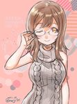  2017 ;) aran_sweater bare_shoulders bespectacled breasts brown_hair character_age character_name circle dated dress glasses hand_on_eyewear heart highres kunikida_hanamaru large_breasts looking_at_viewer love_live! love_live!_sunshine!! meiji_(mosamoo3) meme_attire one_eye_closed pink_background sleeveless sleeveless_dress sleeveless_turtleneck smile solo striped sweater sweater_dress translated turtleneck twitter_username upper_body virgin_killer_sweater yellow_eyes 
