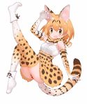  animal_ears boots bow bowtie cat_ears cat_tail elbow_gloves extra_ears gloves kemono_friends looking_at_viewer official_art open_mouth orange_hair serval_(kemono_friends) serval_ears serval_print serval_tail short_hair simple_background skirt solo tail thighhighs white_background wixoss yellow_eyes yoshizaki_mine 