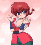  bangs black_pants blue_eyes blush braid breasts chinese_clothes cleavage genderswap genderswap_(mtf) heart heart_background highres looking_at_viewer medium_breasts pants parted_lips pink_background ranma-chan ranma_1/2 red_hair red_shirt saotome_ranma shirt short_hair short_sleeves single_braid solo sparkle standing tangzhuang upper_body wanta_(futoshi) wristband 