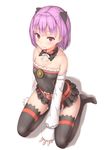  bangs bare_shoulders belt belt_buckle black_legwear blush breasts buckle cleavage collarbone detached_collar detached_sleeves dress fate/grand_order fate_(series) frilled_dress frills from_above full_body hair_ribbon helena_blavatsky_(fate/grand_order) looking_at_viewer no_shoes purple_eyes purple_hair reinama ribbon seiza shadow short_dress short_hair simple_background sitting small_breasts smile solo thighhighs white_background white_sleeves wing_collar 