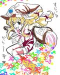  1girl beryl_benito blonde_hair boots braid brown_eyes brush freckles hat long_hair one_eye_closed open_mouth ribbon tales_of_(series) tales_of_hearts wink witch_hat 