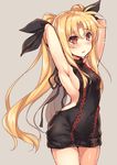  aran_sweater arched_back armpits arms_up backless_dress backless_outfit bangs black_ribbon black_sweater blonde_hair blush breasts brown_eyes cowboy_shot dress eyebrows_visible_through_hair fate_testarossa grey_background hair_ribbon halterneck highres long_hair looking_at_viewer lyrical_nanoha mahou_shoujo_lyrical_nanoha medium_breasts meme_attire naked_sweater parted_bangs parted_lips raiou ribbon sideboob simple_background solo standing sweater sweater_dress tears thighs turtleneck turtleneck_sweater twintails very_long_hair virgin_killer_sweater 