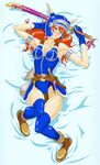  ankle_boots armlet armor bare_shoulders belt blush boots breasts brown_eyes brown_gloves brown_hair daisy_(dq) dragon_quest dragon_quest_yuusha_abel_densetsu full_body gloves helmet highres horned_helmet long_hair looking_at_viewer sheath shuninshunin simple_background solo sword weapon 