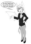  2017 anthro bat_pony bat_wings blush clothing dialogue english_text equine fan_character fangs female footwear high_heels mammal membranous_wings monochrome my_little_pony nolegs_(oc) replica_(artist) shoes suit text wings 