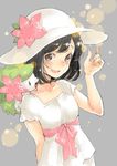  arm_behind_back black_hair flower gen_4_pokemon grey_background hat hat_flower kumatani legendary_pokemon mizuki_(pokemon) on_shoulder open_mouth pokemon pokemon_(creature) pokemon_(game) pokemon_sm shaymin shirt short_hair short_sleeves simple_background sun_hat white_hat white_shirt 