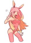  ;d animal_ears bad_id bad_pixiv_id breasts bunny_ears bunnysuit cleavage fate/grand_order fate_(series) gloves long_hair looking_at_viewer medium_breasts one_eye_closed open_mouth pink_eyes pink_hair pink_legwear riyo_servant_(bunnygirl) simple_background smile solo thighhighs w white_background wonakira 
