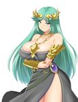  absurdres alternate_costume armlet bangs bare_shoulders black_dress blush bracelet breast_hold breasts cleavage closed_mouth collarbone commentary_request cowboy_shot crossed_arms dress forehead_jewel green_eyes green_hair highres huge_breasts jewelry kid_icarus kid_icarus_uprising long_hair looking_at_viewer mokkori9 necklace palutena parted_bangs pendant side_slit smile solo standing tiara very_long_hair 