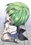  adapted_costume alternate_costume antennae black_legwear cape commentary_request from_above full_body gradient gradient_background greatmosu green_eyes green_hair highres kneeling shirt shoes short_hair short_sleeves skirt smile solo thighhighs touhou wriggle_nightbug zettai_ryouiki 
