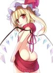  ass back backless_dress backless_outfit bare_back bare_shoulders blonde_hair blush bow breasts butt_crack cowboy_shot crystal dress eyebrows_visible_through_hair flandre_scarlet halterneck hand_to_own_mouth hand_up hat hat_bow highres janne_cherry legs_apart long_hair looking_at_viewer meme_attire mob_cap naked_sweater open_mouth red_eyes red_sweater ribbed_sweater ribbon shoulder_blades side_ponytail sideboob simple_background small_breasts solo sweater sweater_dress touhou turtleneck turtleneck_sweater virgin_killer_sweater white_background white_hat wings 