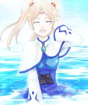  1girl breasts brown_hair capelet dress eyes_closed fenimore_xelhes hair_ornament long_hair open_mouth sea tales_of_(series) tales_of_legendia twintails water 