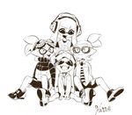  2girls ^_^ bike_shorts bobble-chan_(splatoon) bobblehat closed_eyes dated glasses glasses-kun_(splatoon) goggle-kun_(splatoon) goggles goggles_on_head greyscale headphone-chan_(splatoon) inkling mojaranmo monochrome multiple_boys multiple_girls necktie pointy_ears shoes short_hair sidelocks signature simple_background sitting smile sneakers splatoon_(manga) splatoon_(series) splatoon_1 tentacle_hair topknot white_background 