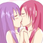  blue_hair blush closed_eyes couple erza_scarlet fairy_tail holding_hands kiss long_hair multiple_girls red_hair simple_background wendy_marvell white_background yuri 
