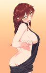  :o absurdres arched_back ass backless_outfit bare_arms bare_back bare_shoulders black_sweater blew_andwhite breasts brown_hair commentary_request eyebrows_visible_through_hair from_behind green_eyes highres kantai_collection large_breasts long_hair looking_down meme_attire motion_lines naked_sweater noshiro_(kantai_collection) open_mouth ribbed_sweater sideboob simple_background solo sweater turtleneck turtleneck_sweater virgin_killer_sweater yellow_background 