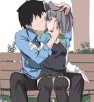  1girl alternate_costume animal_ears bench black_hair black_legwear blush capelet closed_eyes colorized commentary_request couple faceless faceless_male french_kiss greatmosu grey_hair hetero highres kiss long_sleeves mouse_ears nazrin no_eyes panties pants pantyshot pantyshot_(sitting) profile shirt short_hair sitting sketch skirt spread_legs sweater thighhighs touhou underwear vest 
