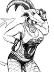  big_breasts black_and_white bracelet breasts cleavage clothed clothing demon eyewear female fishnet fishnet_legwear hladilnik horn jewelry legwear lucy_(hladilnik) monochrome necklace rolling_stones smile solo spade_tail spiked_bracelet spikes sunglasses 