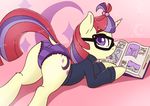  2017 book clothing equine eyewear fearingfun feral friendship_is_magic glasses hair horn looking_at_viewer mammal moondancer_(mlp) multicolored_hair my_little_pony purple_eyes solo sweater two_tone_hair underwear unicorn 
