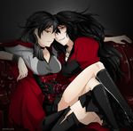  2girls ass_cheeks black_hair breasts brother_and_sister cape choker corset cross genderswap looking_at_viewer multiple_girls necklace on_person qrow_branwen raven_branwen red_eyes ring rwby siblings skirt smile thighhighs 