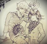  amami_rantarou chain checkered checkered_scarf danganronpa denim ear_piercing fanta graphite_(medium) hand_on_hip jeans jewelry logo looking_at_viewer male_focus mitsumame0810 multiple_boys necklace new_danganronpa_v3 ouma_kokichi pants parted_lips piercing scarf shirt sitting sketch smile soda_bottle straitjacket striped striped_shirt traditional_media 