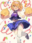  2017 ;d alice_margatroid alternate_costume bare_shoulders blonde_hair blue_skirt blush breasts cheerleader cleavage cleavage_cutout commentary_request confetti dated fang hairband heart_cutout highres kasuka_(kusuki) lolita_hairband medium_breasts nose_blush one_eye_closed open_mouth panties pantyshot pantyshot_(one_knee) pom_poms shirt skirt skirt_set sleeveless sleeveless_shirt smile solo thighhighs touhou underwear v-shaped_eyebrows white_legwear white_panties yellow_eyes 