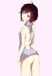  alternate_costume aran_sweater ass back backless_dress backless_outfit bare_arms bare_back bare_shoulders bottomless butt_crack commentary_request dress grey_sweater halterneck highres meme_attire naked_sweater no_bra no_panties red_hair ribbed_sweater ruby_rose rwby short_hair silver_eyes sleeveless sleeveless_turtleneck solo sweater sweater_dress turtleneck turtleneck_sweater virgin_killer_sweater yui_tsuda 