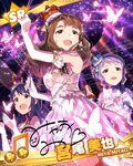  artist_request beamed_eighth_notes brown_eyes brown_hair bug butterfly butterfly_earrings card_(medium) character_name crown dress earrings elbow_gloves gloves idolmaster idolmaster_million_live! insect jewelry long_hair makabe_mizuki microphone mini_crown miyao_miya multiple_girls musical_note official_art purple_hair red_eyes short_hair signature takayama_sayoko white_dress white_gloves yellow_eyes 