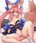  animal_ears asarokuji bad_id bad_pixiv_id breasts fate/extra fate_(series) fox_ears fox_tail highres japanese_clothes large_breasts long_hair multiple_tails navel panties pink_hair reclining sidelocks solo tail tamamo_(fate)_(all) tamamo_no_mae_(fate) twintails underwear yellow_eyes 