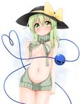  areola_slip areolae blush breasts cowboy_shot eyeball green_eyes green_hair hat hat_ribbon heart heart_of_string highres komeiji_koishi medium_breasts meme_attire naked_sweater navel no_bra ribbon simple_background solo suwa_yasai sweater third_eye touhou virgin_killer_sweater wardrobe_error white_background yellow_ribbon 