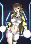  :d bangs bike_shorts blue_eyes blush breasts brown_hair cockpit collarbone commentary_request cowboy_shot gggg groin gundam gundam_build_fighters gundam_build_fighters_try hair_ornament hair_scrunchie highres hoshino_fumina jacket large_breasts looking_at_viewer midriff navel open_clothes open_jacket open_mouth ponytail scrunchie short_hair sidelocks smile solo sports_bra stomach swept_bangs wide_hips 