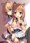  2girls animal_ears aqua_eyes areolae blonde_hair blush breasts breasts_outside cat_ears long_hair looking_at_viewer multiple_girls neko_neko_koneko nipples open_mouth original pussy sitting smile spread_pussy standing waifu2x yuri 