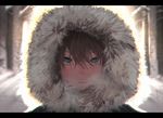  backlighting bangs black_border black_hair blue_eyes blurry border breath closed_mouth depth_of_field free! fur_trim hair_between_eyes hana_bell_forest hood hooded_jacket jacket letterboxed looking_at_viewer male_focus nanase_haruka_(free!) portrait slit_pupils solo winter winter_clothes 