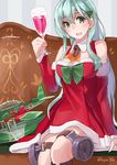  :d aircraft airplane bare_shoulders bow bowtie breasts cup dated detached_sleeves dress drinking_glass green_eyes green_hair hair_ornament hairclip highres kantai_collection large_breasts long_hair open_mouth santa_costume short_dress sitting smile solo sugue_tettou suzuya_(kantai_collection) twitter_username wine_glass 