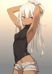 armpits arms_up breasts commentary_request covered_navel cowboy_shot dark_skin gradient gradient_background groin hiraga_matsuri long_hair midriff open_fly original perky_breasts ponytail red_eyes short_shorts shorts silver_hair simple_background sleeveless small_breasts solo turtleneck very_long_hair 
