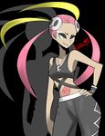  armpits bare_shoulders black_background breasts cropped_legs dark_skin hair_ornament half-closed_eyes hand_on_hip highres hips jewelry makeup mascara multicolored_hair navel navel_cutout necklace pants pink_hair plumeri_(pokemon) pokemon pokemon_(game) pokemon_sm quad_tails signature simple_background skull_hair_ornament sleeveless small_breasts smile smirk solo stomach_tattoo tank_top tattoo team_skull two-tone_hair wristband yellow_eyes 