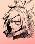  akagane_u baiken eyepatch face guilty_gear highres long_hair looking_at_viewer monochrome one-eyed orange_eyes ponytail scar scar_across_eye sketch solo spot_color stalk_in_mouth tattoo 