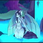  2017 anthro big_breasts black_hair blue_eyes blue_nipples braided_hair breasts detailed_background digital_drawing_(artwork) digital_media_(artwork) dragon eyelashes featureless_crotch female hair hi_res horn long_hair markings membranous_wings midriff napalm_(artist) navel nipples nude partially_submerged river scalie smile standing tear_(character) tree waterfall white_skin wide_hips wings 