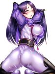  1girl absurdres armor ass blush bodysuit breasts erect_nipples fate/grand_order fate_(series) highres kneeling large_breasts long_hair looking_at_viewer looking_back minamoto_no_raikou_(fate/grand_order) minamoto_no_yorimitsu_(fate/grand_order) naughty_face open_mouth parted_lips purple_eyes purple_hair shiny shiny_clothes shiny_hair sideboob smile sweat very_long_hair 