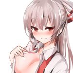  amamitsu_kousuke blush bow breasts closed_mouth commentary_request fujiwara_no_mokou hair_bow long_hair long_sleeves looking_at_viewer medium_breasts navel nipple_slip nipples no_bra open_clothes open_shirt red_eyes shirt silver_hair simple_background sketch smile solo suspenders touhou upper_body white_background 