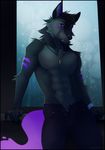  abs anthro canine clothed clothing compass_(artist) jewelry looking_at_viewer male mammal necklace solo toothpick topless unzipped 