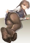  arashio_(kantai_collection) ass belt black_dress blush brown_eyes brown_hair dress dress_lift dutch_angle eyebrows_visible_through_hair feet fingernails foreshortening frilled_dress frills from_behind full_body grin highres ipuu_(el-ane_koubou) kantai_collection lifted_by_self long_hair long_sleeves looking_at_viewer looking_back lying on_ground panties panties_under_pantyhose pantyhose parted_lips perspective pinafore_dress pov_feet remodel_(kantai_collection) shirt smile soles solo speech_bubble talking teeth thighband_pantyhose toe_scrunch toes underwear upskirt white_shirt 
