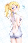 :p ass ayase_eli back backless_dress backless_outfit bare_back blonde_hair blue_eyes blush breasts bunching_hair butt_crack ckst commentary_request cowboy_shot dress grey_sweater hand_on_own_chest highres looking_at_viewer looking_back love_live! love_live!_school_idol_project medium_breasts meme_attire ponytail ribbed_sweater solo sweater sweater_dress tongue tongue_out twitter_username virgin_killer_sweater 