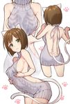  :3 animal_ears aran_sweater arched_back backless_dress backless_outfit bangs bare_back blush breasts brown_hair butt_crack cat_ears cat_girl cat_tail closed_mouth commentary_request dimples_of_venus dress eyebrows_visible_through_hair from_behind green_eyes halterneck head_out_of_frame highres idolmaster idolmaster_cinderella_girls large_breasts leaning_forward looking_at_viewer maekawa_miku meme_attire multiple_views naked_sweater paw_background paw_pose raised_eyebrows ribbed_sweater short_hair sideboob simple_background smile sweater sweater_dress tail takeashiro turtleneck turtleneck_sweater virgin_killer_sweater white_background 