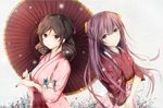  asakaze_(kantai_collection) bow brown_hair drill_hair hair_bow hakama harukaze_(kantai_collection) japanese_clothes kamikaze_(kantai_collection) kantai_collection kimono long_hair mable meiji_schoolgirl_uniform minigirl multiple_girls oriental_umbrella pink_hakama pink_kimono purple_eyes purple_hair red_bow red_eyes red_hakama red_kimono tasuki twin_drills umbrella yellow_bow 