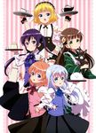  absurdres ama_usa_an_uniform anko_(gochiusa) apron aqua_eyes black_skirt blonde_hair blue_bow blue_eyes bow bowtie brown_hair bunny coffee crossed_arms dress eyebrows_visible_through_hair fleur_de_lapin_uniform flower gochuumon_wa_usagi_desu_ka? green_eyes hair_flower hair_ornament hair_ribbon hand_on_hip highres holding holding_tray hoto_cocoa japanese_clothes kafuu_chino kimono kirima_sharo long_hair long_skirt looking_at_viewer maid multiple_girls nyantype official_art open_mouth orange_hair purple_eyes purple_hair rabbit_house_uniform red_bow ribbon short_dress short_hair silver_hair skirt smile striped striped_background tedeza_rize thighhighs tippy_(gochiusa) tray twintails ujimatsu_chiya waitress white_apron white_legwear white_ribbon wild_geese wrist_cuffs yukata zettai_ryouiki 