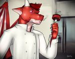  2017 adecristo chef clothing dragon fangs fork hair hi_res horn kitchen male meat pink_eyes red_hair simple_background smoke solo teeth wings 