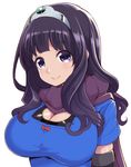  black_hair breasts cleavage cleavage_cutout dragon_quest dragon_quest_iii elbow_gloves gloves hanauna hero-chan_(hanauna) highres large_breasts long_hair looking_at_viewer purple_eyes scarf smile solo tiara upper_body 