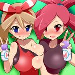  2girls :d asuna_(pokemon) bandanna blue_eyes blush breast_press breasts brown_hair gym_leader harubato haruka_(pokemon) haruka_(pokemon)_(remake) highres large_breasts licking_lips looking_at_viewer milk moomoo_milk multiple_girls one_breast_out pokemon pokemon_(game) pokemon_oras ponytail red_eyes red_hair shirt shirt_lift sweat tank_top upper_body v 