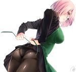  apron ass black_dress black_legwear black_panties closed_mouth cowboy_shot dress dressing dutch_angle fate/grand_order fate_(series) glasses green_apron grey-framed_eyewear highres long_sleeves mash_kyrielight panties panties_under_pantyhose pantyhose purple_eyes purple_hair re_lucy shiny shiny_clothes short_dress short_hair signature simple_background solo tying underwear wardrobe_malfunction white_background 