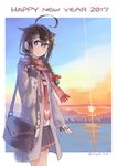  2017 ahoge bag blue_eyes braid brown_hair coat dated fingerless_gloves gloves hair_flaps hair_ornament hair_over_shoulder hair_ribbon happy_new_year highres kantai_collection necktie new_year pleated_skirt remodel_(kantai_collection) ribbon scarf shigure_(kantai_collection) single_braid skirt smile solo sugue_tettou sunset twitter_username 