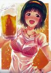  :d alcohol beer beer_mug bikini black_hair breasts brown_eyes cleavage cup eyebrows_visible_through_hair hairband hand_on_hip highres holding holding_cup idolmaster idolmaster_(classic) ima_(lm_ew) jewelry long_hair looking_at_viewer medium_breasts mole mole_under_mouth navel necklace open_mouth orange_bikini orange_hairband otonashi_kotori polka_dot polka_dot_bikini see-through shirt short_sleeves smile solo swimsuit upper_body watch wet wet_clothes wet_shirt white_shirt wristwatch 